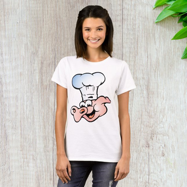 Camiseta Cartoon Engraçado Chef de Porco com Chapéu (Criador carregado)