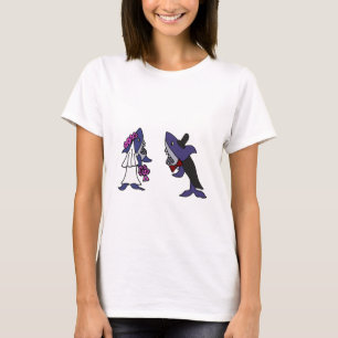 Camiseta Cartoon Engraçado Noiva de Tubarão e Casamento de 