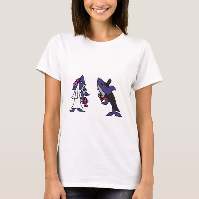 Camiseta Cartoon Engraçado Noiva de Tubarão e Casamento de  (Frente)