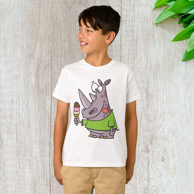 Camiseta Cartoon Engraçado Rino Comendo Sorvete Cugado (Criador carregado)