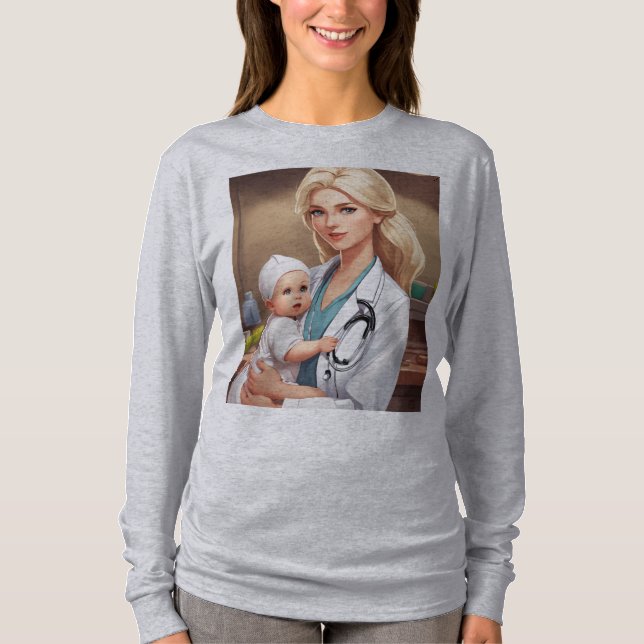 Camiseta Cartoon European Woman Doctor with Blonde Hair Hol (Frente)