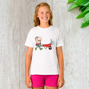 Camiseta Cartoon Farmer com Wheelbarrow e Ferramentas