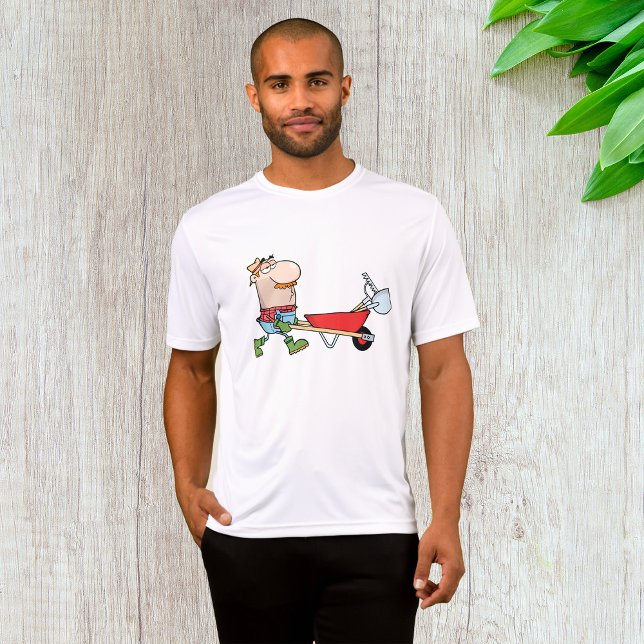 Camiseta Cartoon Farmer com Wheelbarrow e Ferramentas (Criador carregado)