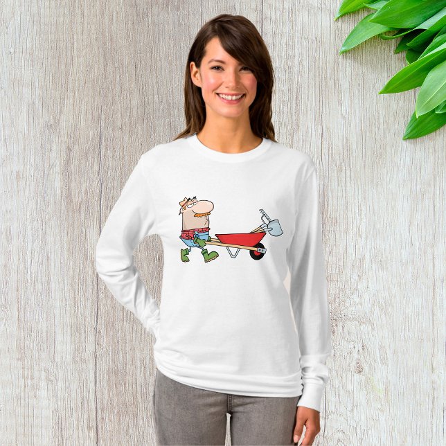 Camiseta Cartoon Farmer com Wheelbarrow e Ferramentas (Criador carregado)