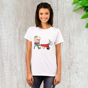 Camiseta Cartoon Farmer com Wheelbarrow e Ferramentas