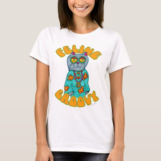 Camiseta Cartoon Feline Groovy Hippie Cat (Frente)