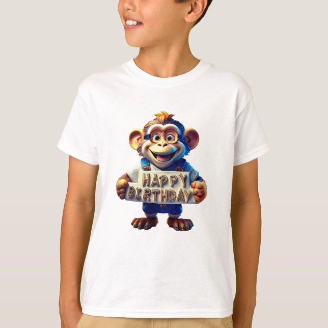 Camiseta Cartoon Feliz Aniversário Ilustração de um macaco  (Frente)