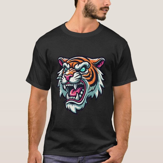 Camiseta Cartoon Fierce Tiger Head Bold Pastel Design (Frente)