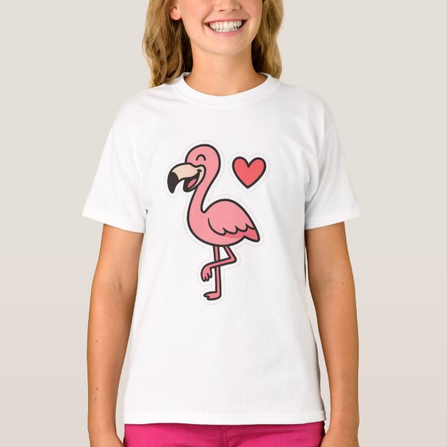 Camiseta Cartoon Flamingo Sticker com Coração (Frente)