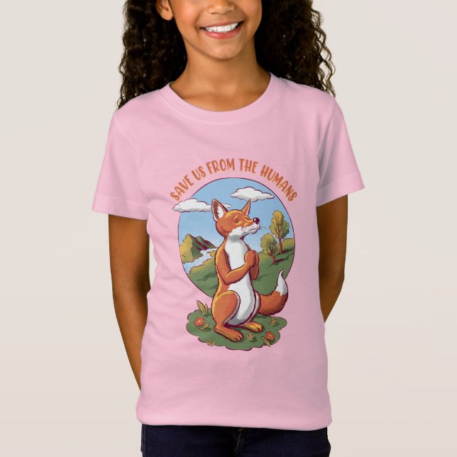 Camiseta Cartoon Fox Prayer – Save Nature Message (Frente)