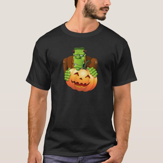 Camiseta Cartoon Frankenstein Monster com Pumpkin (Frente)