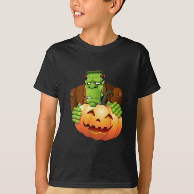 Camiseta Cartoon Frankenstein Monster com Pumpkin (Frente)