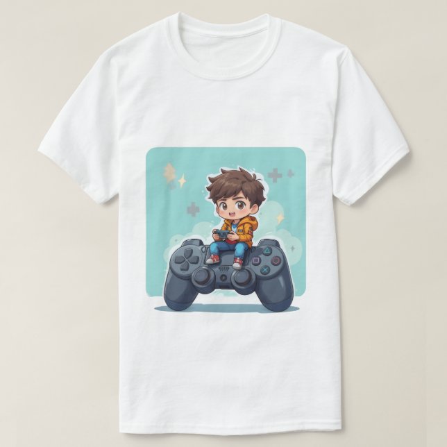 Camiseta Cartoon Gamer Kid Sentado no Controle PlayStation (Frente do Design)