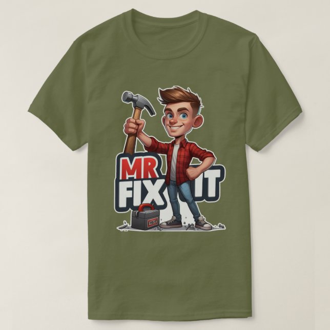 Camiseta Cartoon Handyman Caractere Segurando Martelo (Frente do Design)