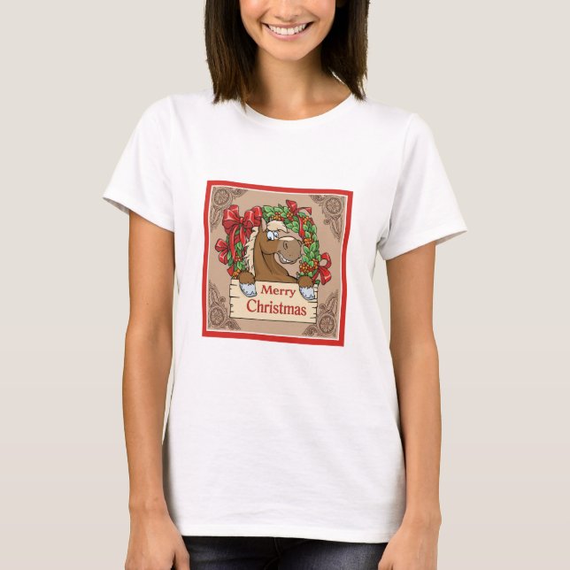 Camiseta Cartoon Horse com Wreath Sinal de Natal Feliz (Frente)