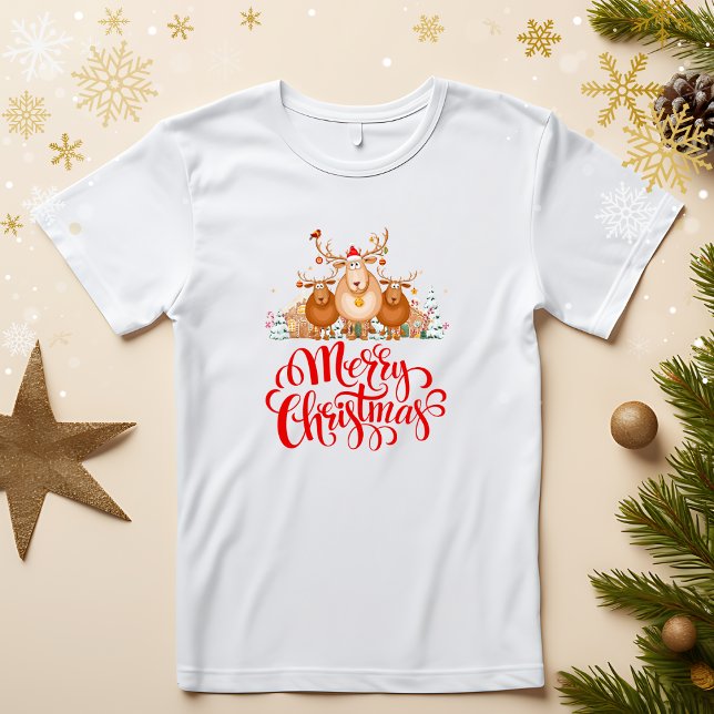 Camiseta Cartoon Magna Família "Feliz Natal" (Cute Cartoon Reindeer Family "Merry Christmas" T-Shirt
)