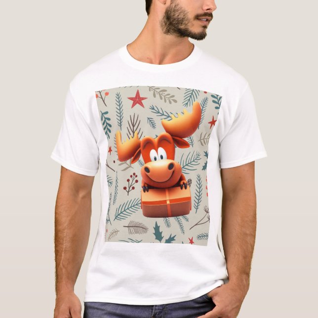 Camiseta Cartoon Moose com Presente no Padrão de Natal (Frente)