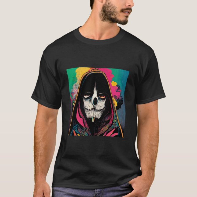 Camiseta Cartoon psicodélico Grimm reaper fumando cigarro (Frente)