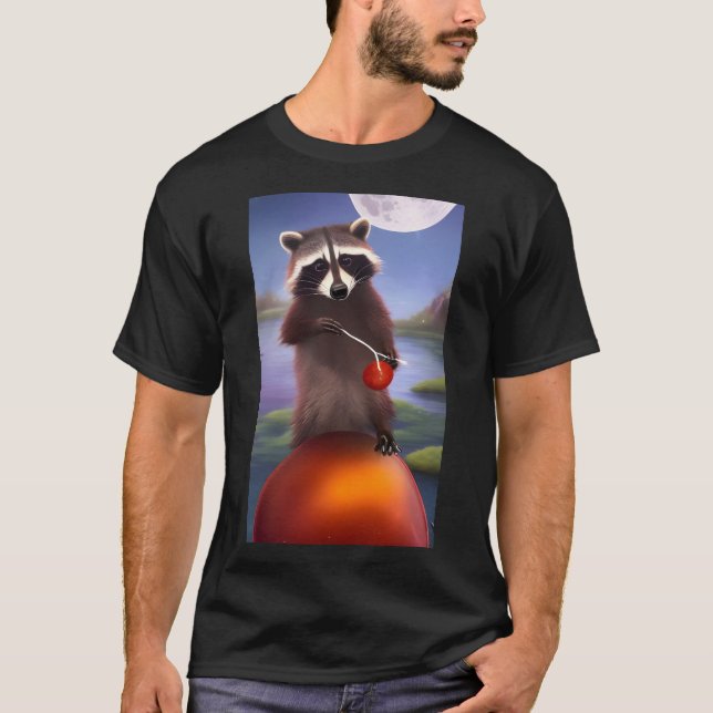 Camiseta Cartoon Raccoon com um balão de Maroon em uma lagu (Frente)