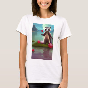 Camiseta Cartoon Raccoon com um balão de Maroon em uma lagu