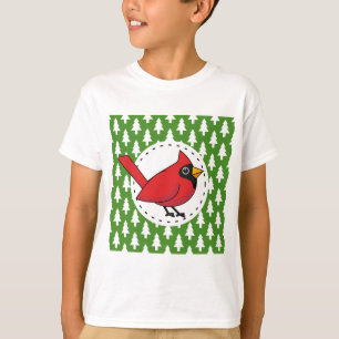 Camiseta Cartoon Red Cardinal sobre Pinheiros Brancos Verde