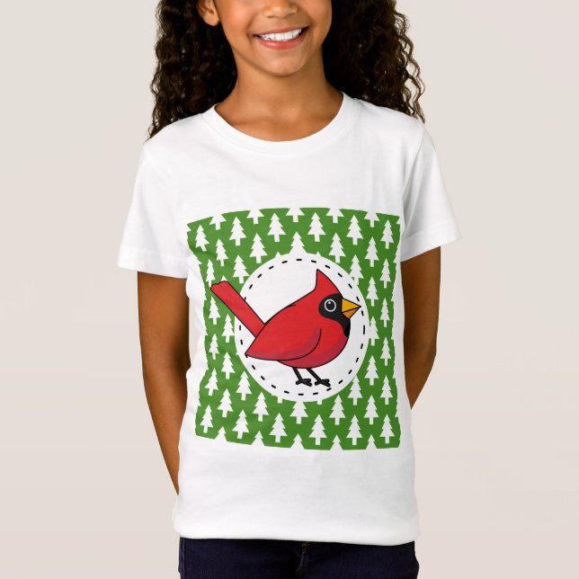 Camiseta Cartoon Red Cardinal sobre Pinheiros Brancos Verde (Frente)