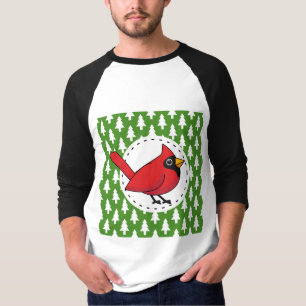 Camiseta Cartoon Red Cardinal sobre Pinheiros Brancos Verde