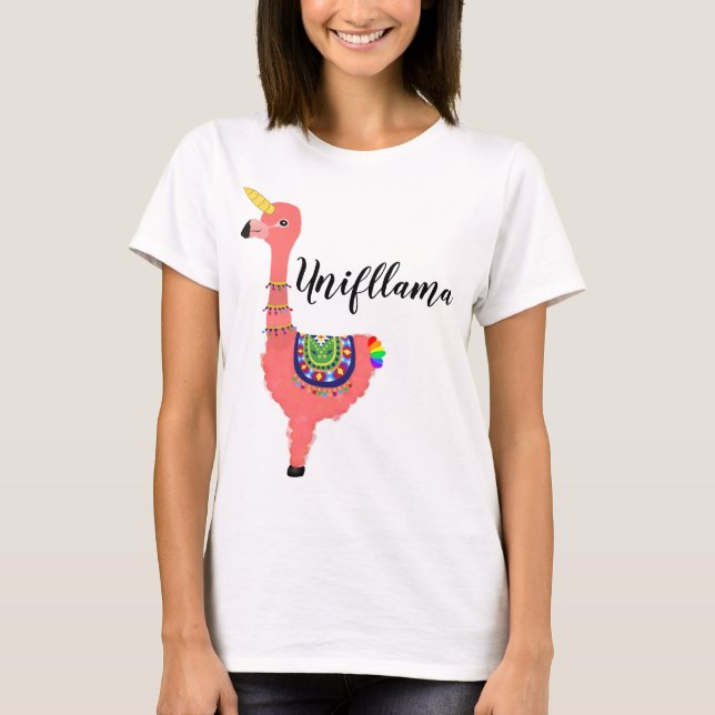 Camiseta Cartoon rosa engraçado Unicorn Flamingo Llama Girl (Frente)