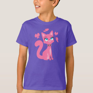 Camiseta Cartoon Rosa Gato e Borboletas Filhos T-Shirt