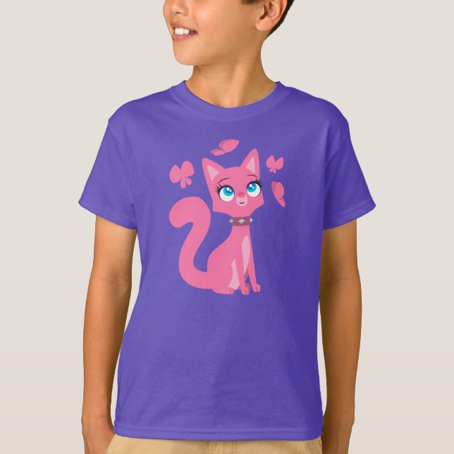 Camiseta Cartoon Rosa Gato e Borboletas Filhos T-Shirt (Frente)