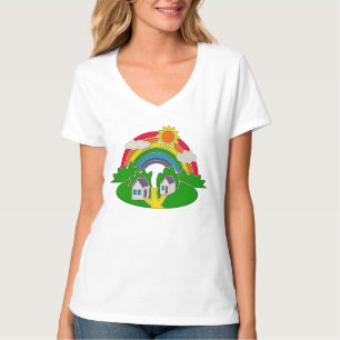 Camiseta Cartoon rural com arco-íris e casa de campo