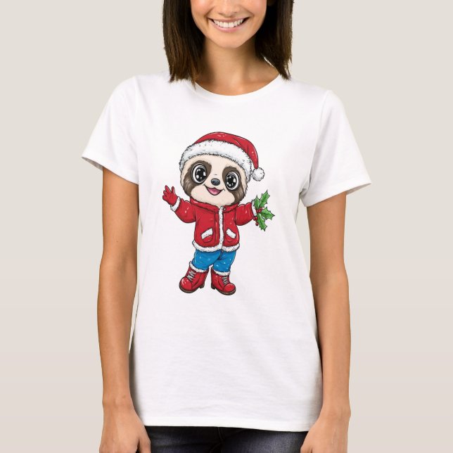 Camiseta Cartoon Sloth Vestindo Natal (Frente)