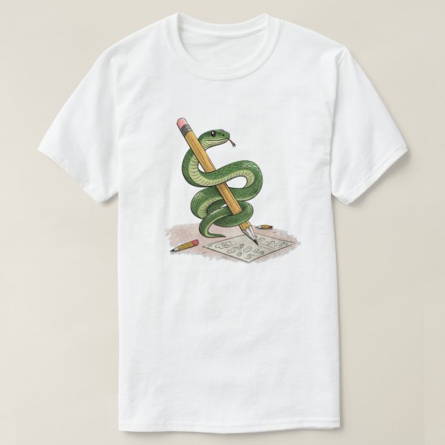 Camiseta Cartoon Snake Wrapped Around Pencil – Hand-Drawn (Frente do Design)