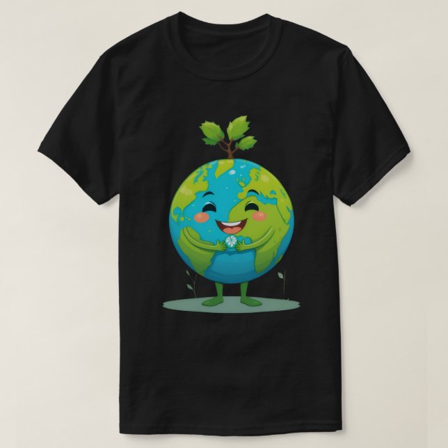 Camiseta Cartoon Sorrindo da Terra com Planta Crescendo em  (Frente do Design)