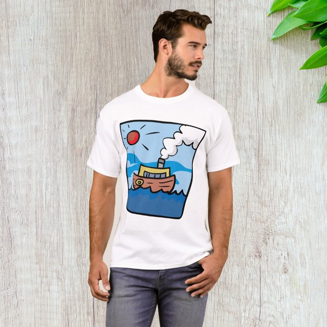 Camiseta Cartoon Steamship no Oceano Ondas Arte Náutica (Criador carregado)