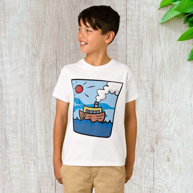 Camiseta Cartoon Steamship no Oceano Ondas Arte Náutica (Criador carregado)