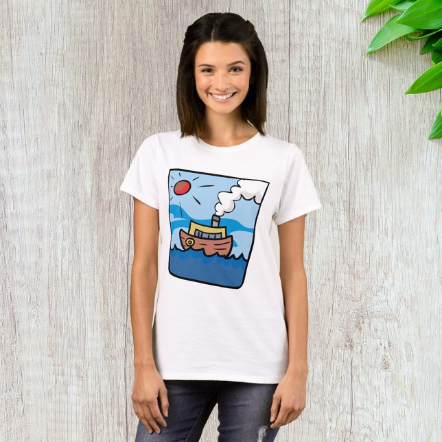 Camiseta Cartoon Steamship no Oceano Ondas Arte Náutica (Criador carregado)