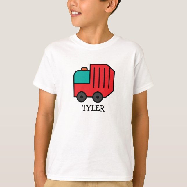 Camiseta Cartoon Vermelho Lixo/Caminhão Reciclar com Nome d (Frente)
