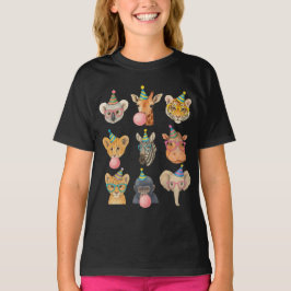Camiseta Cartoon Zoo Animals with Party Hats & Bubble Gum