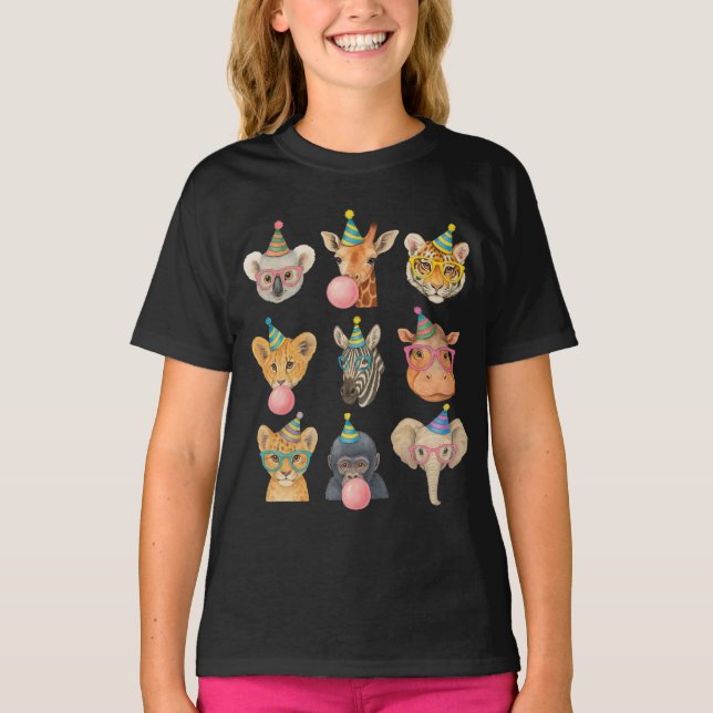 Camiseta Cartoon Zoo Animals with Party Hats & Bubble Gum (Frente)