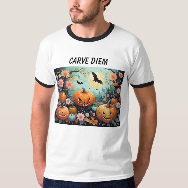 Camiseta Carve Diem Dia de as Bruxas engraçado Pumpkins (Frente)