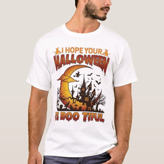 Camiseta Casa Assombrada Boo Tiful de Halloween Lua Crescen (Frente)