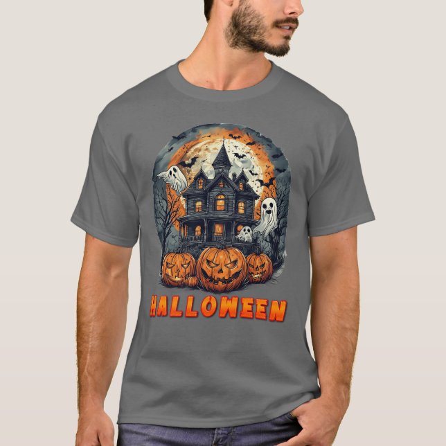 Camiseta Casa Assombrada com Abóboras, Fantasmas e Lua Chei (Frente)