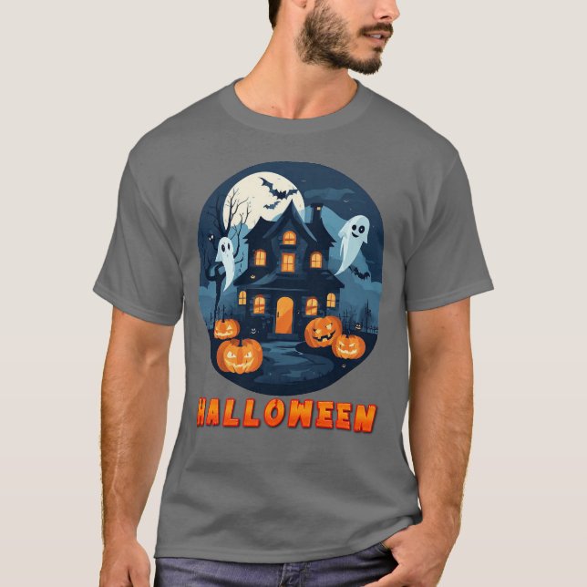 Camiseta Casa Assombrada com Abóboras, Fantasmas e Lua Chei (Frente)