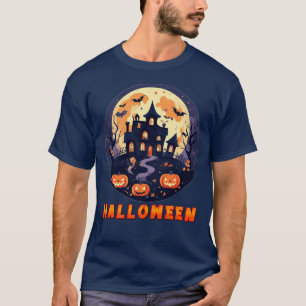 Camiseta Casa Assombrada com Abóboras, Fantasmas e Lua Chei