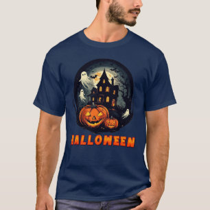 Camiseta Casa Assombrada com Abóboras, Fantasmas e Lua Chei