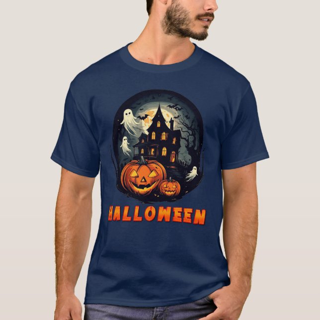 Camiseta Casa Assombrada com Abóboras, Fantasmas e Lua Chei (Frente)