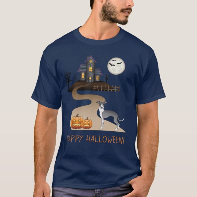 Camiseta Casa Assombrada De Azul E Branco E Halloween (Frente)