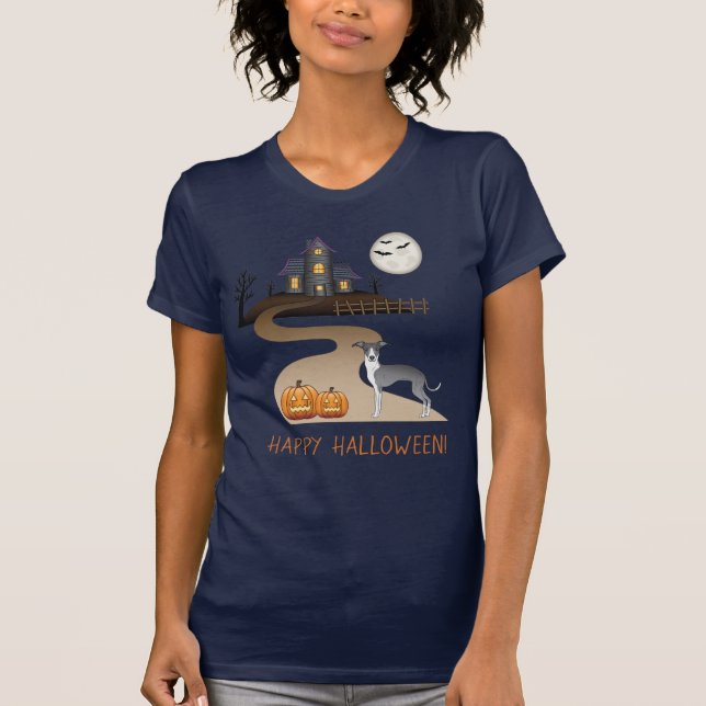Camiseta Casa Assombrada De Azul E Branco E Halloween (Frente)