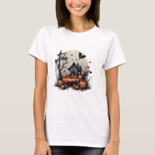Camiseta Casa Assombrada de Halloween Assustadora com Abóbo
